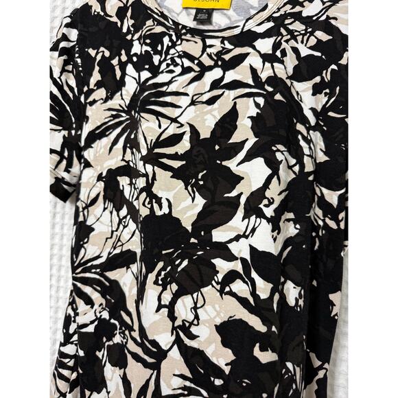 St. John Black White Tan Floral Short Sleeve Top Sz Med - Picture 3 of 7